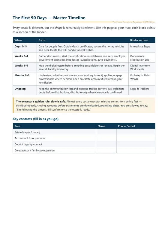 Real page from the Estate Executor's Organiser