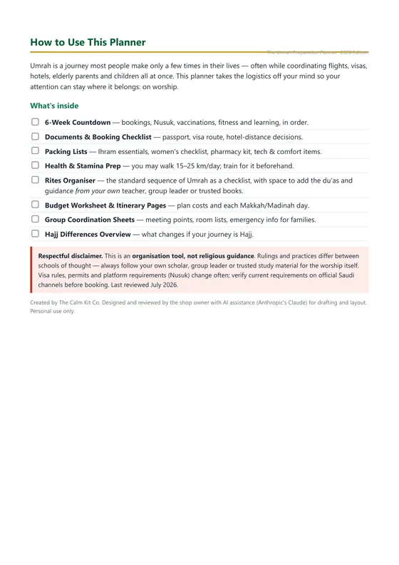 Real page from the Umrah Preparation Planner