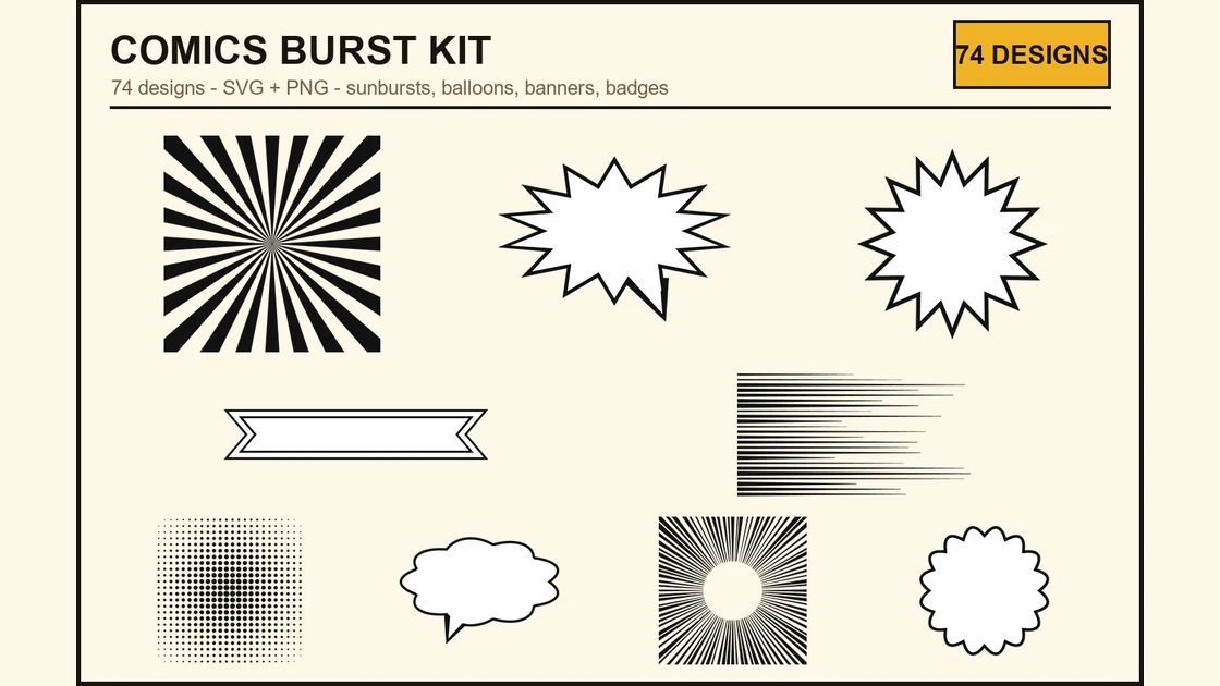Comics Burst Kit overview: sunburst, shout balloon, starburst badge, notched banner, speed lines, dot fade, thought cloud, zoom lines and scalloped seal