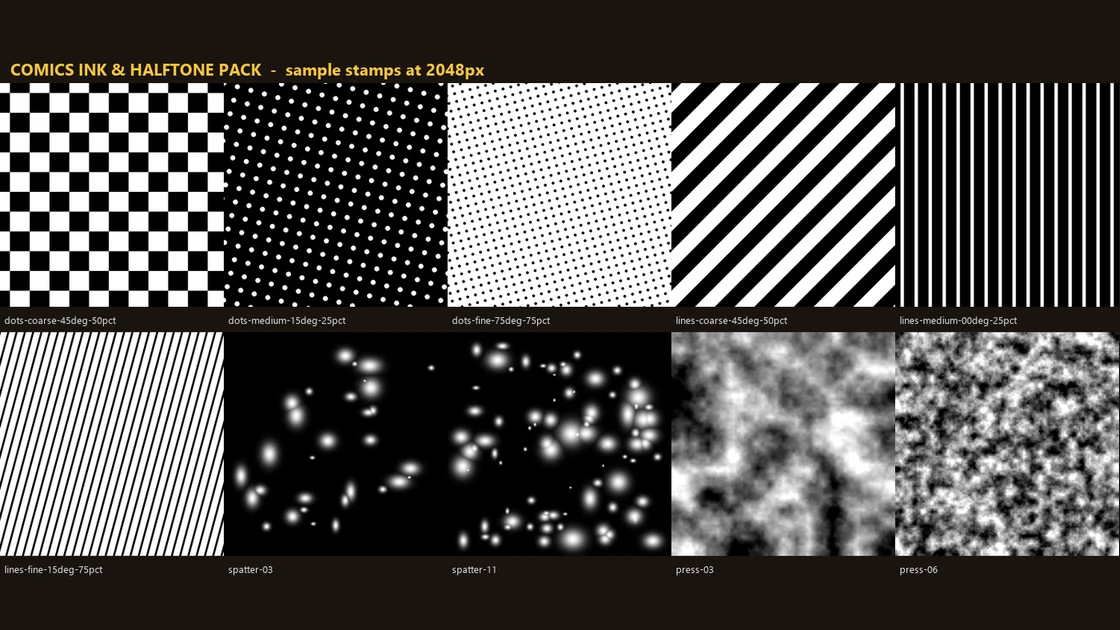 Contact sheet of halftone dot screens, line screens, ink spatters and press textures