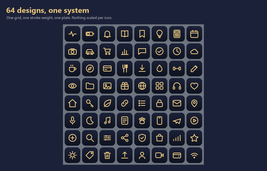 All 64 icon designs on one contact sheet, showing a single consistent style