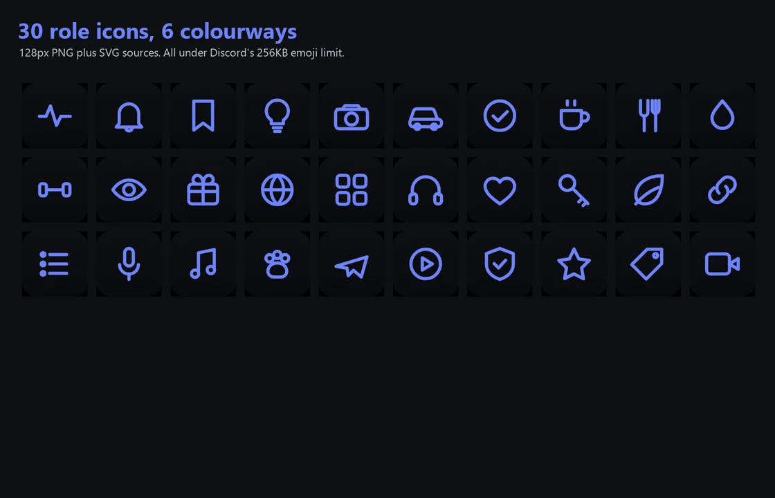 Thirty Discord role icons shown together in the obsidian colourway